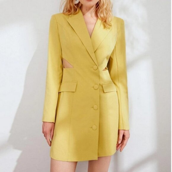 side cut out buttoned blazer dress chic classy elegant fall winter trend yellow - Picture 3 of 7